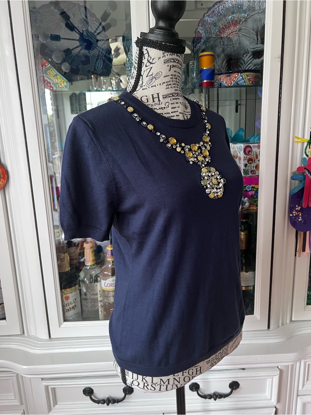 Per Se Navy Short-Sleeve Jewel-Embellished Knit Top S - Picture 3 of 14
